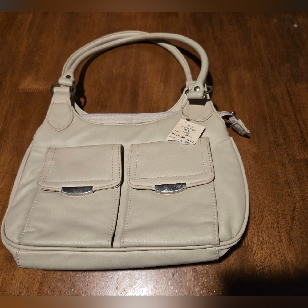 Ivory Leather Shoulder Bag | Structured Double Pocket Purse | Medium Tote